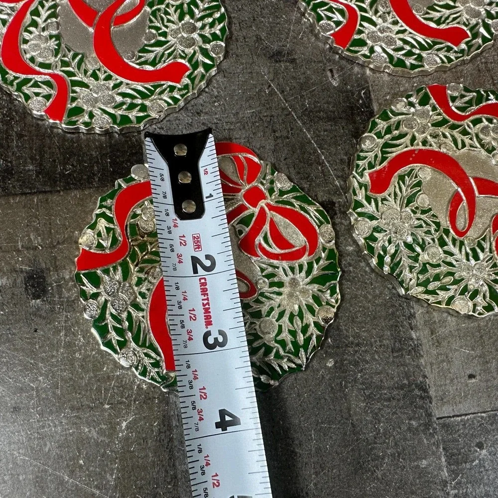 4 Vtg Heavy‎ Xmas Wreath Coasters Silver Red Green Japan Felt Back Tarnish Free